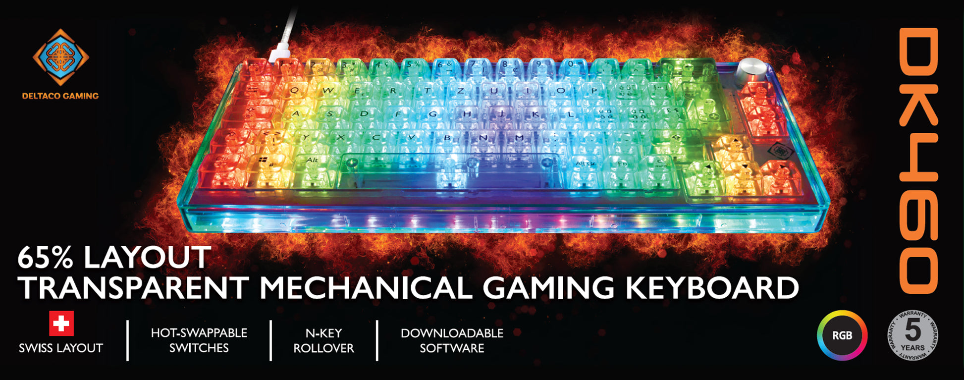 Deltaco Gaming GAM-160-T-CH – Gaming-Tastatur 65% – Mechanisch – Verkabelt, USB-C – QWERTZ (CH) – RGB
