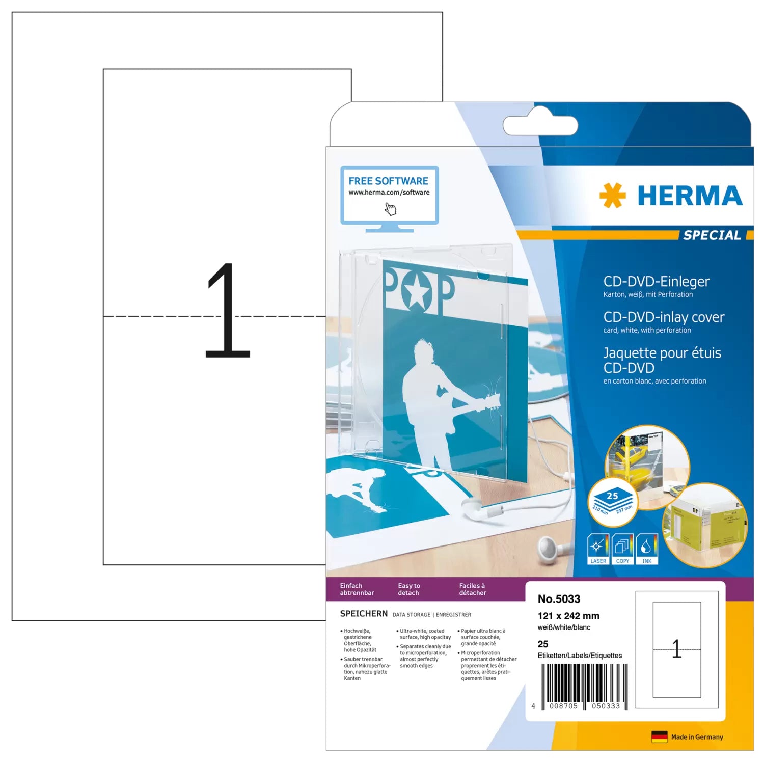 HERMA Druckkarten A4 (121 × 242 mm), 170 g/m², weiss, Karton – für Inkjet, Laser, Kopierer – 25 Karten
