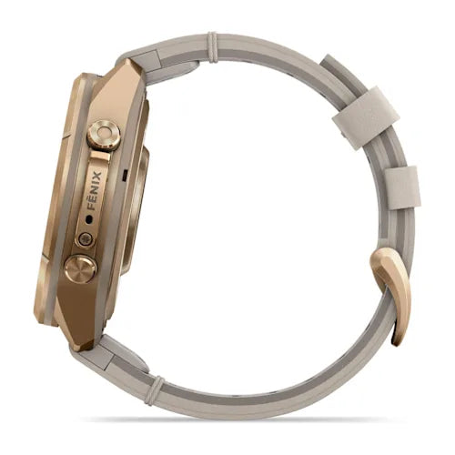 Garmin fēnix 9 Pro 43 mm GPS + Cellular – Titan Gold, Cremefarben, 100 m, für Android, iPhone