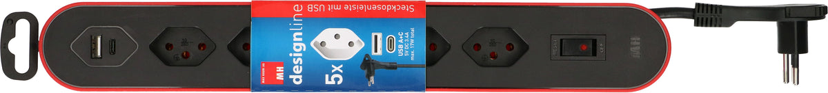 Max Hauri AG Steckdosenleiste, 5×T13, 1×USB-A + 1×USB-C, 17 W gesamt, mit Schalter, 2,2 m – rot/schwarz