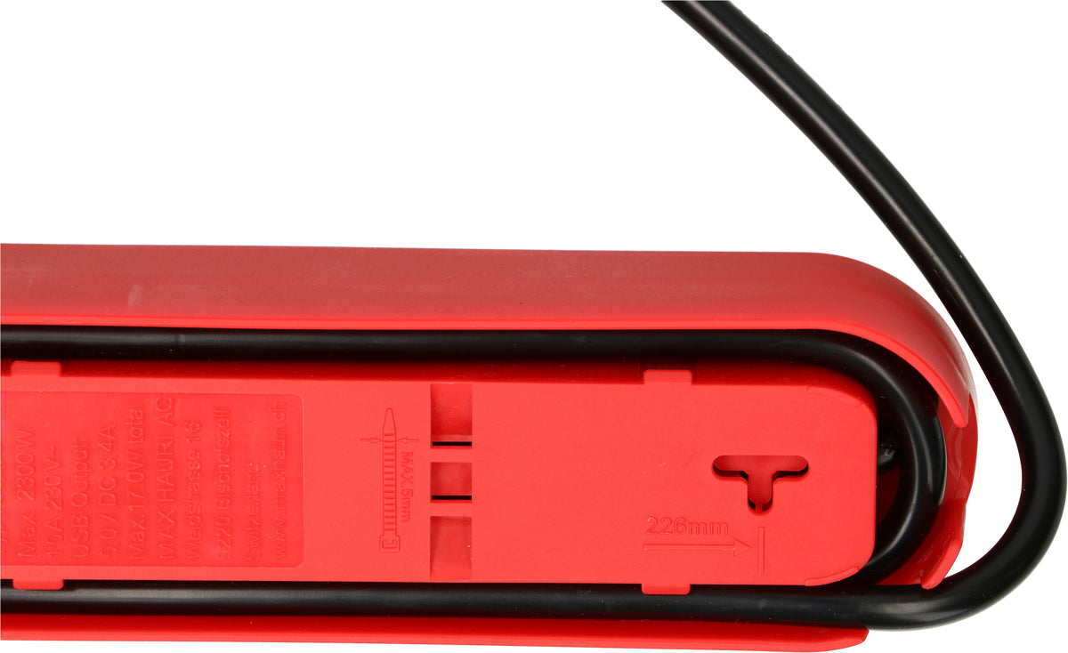 Max Hauri AG Steckdosenleiste, 5×T13, 1×USB-A + 1×USB-C, 17 W gesamt, mit Schalter, 2,2 m – rot/schwarz