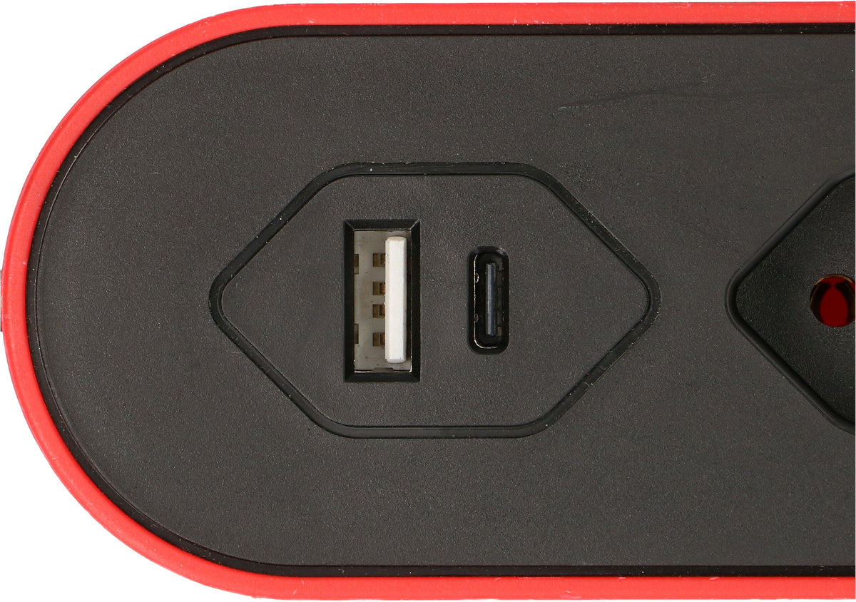 Max Hauri AG Steckdosenleiste, 5×T13, 1×USB-A + 1×USB-C, 17 W gesamt, mit Schalter, 2,2 m – rot/schwarz