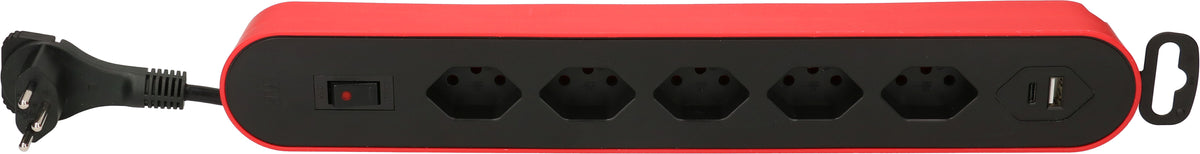 Max Hauri AG Steckdosenleiste, 5×T13, 1×USB-A + 1×USB-C, 17 W gesamt, mit Schalter, 2,2 m – rot/schwarz