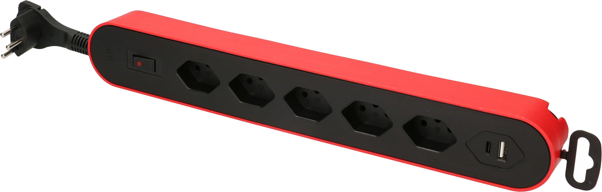 Max Hauri AG Steckdosenleiste, 5×T13, 1×USB-A + 1×USB-C, 17 W gesamt, mit Schalter, 2,2 m – rot/schwarz