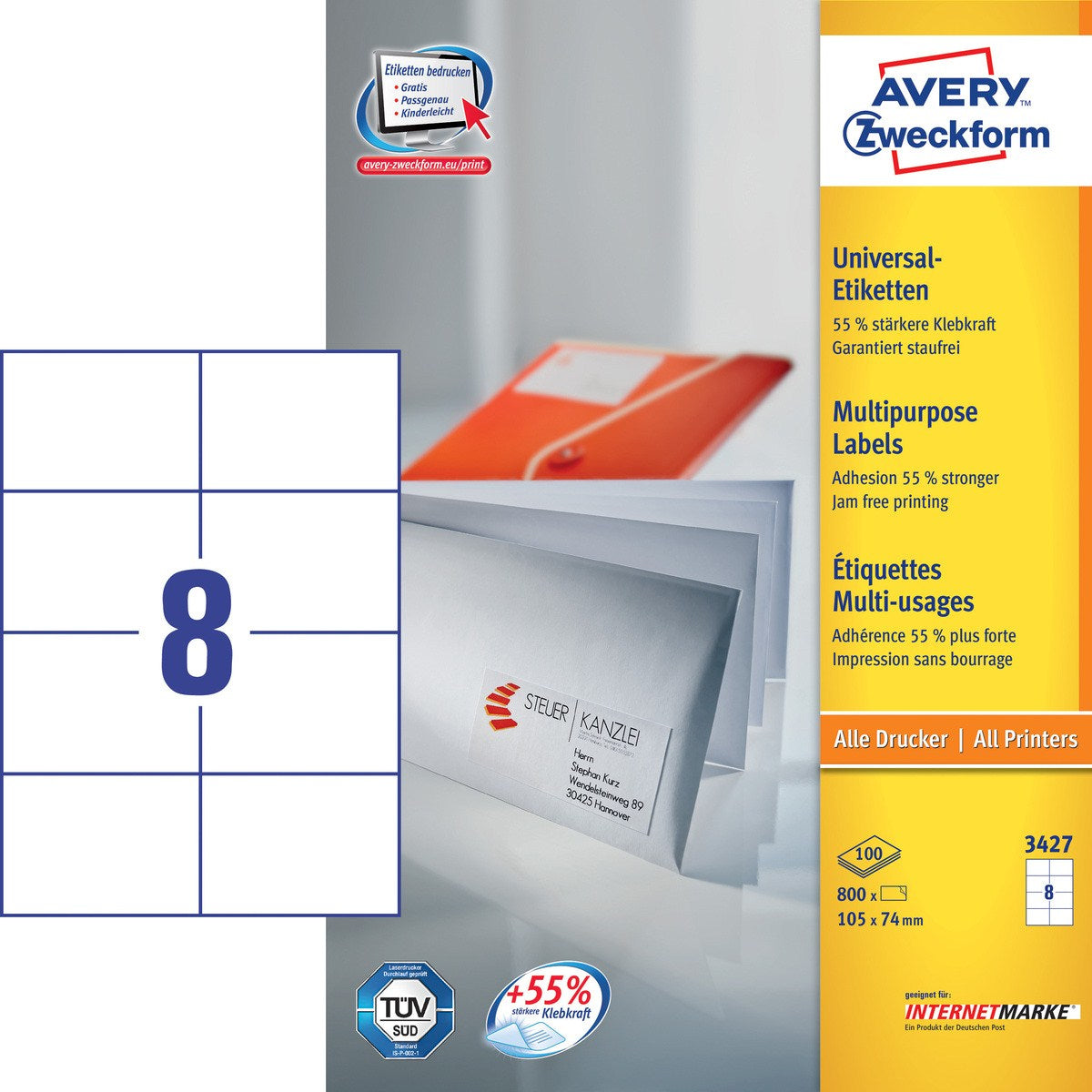 Avery Druckeretiketten, 105 mm × 74 mm, weiss, Papier, permanent, 800 Etiketten (100 Blatt)