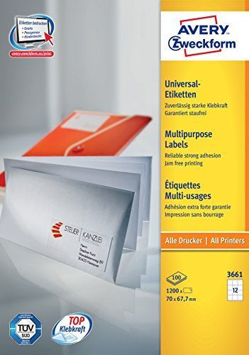 Avery Zweckform – Druckeretiketten, 70 mm × 68 mm, weiss, Papier, permanent, 1200 Stk. (100 Blatt)