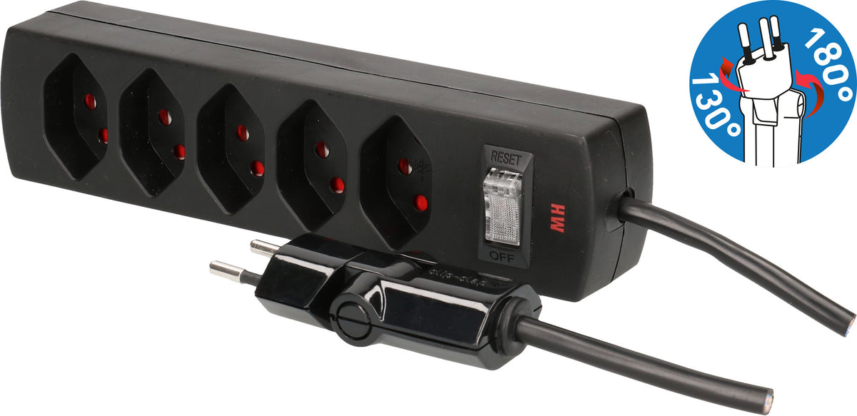Max Hauri AG Max Hauri Safety-Line Steckdosenleiste, 5×T13, mit Schalter, 2 m – Schwarz