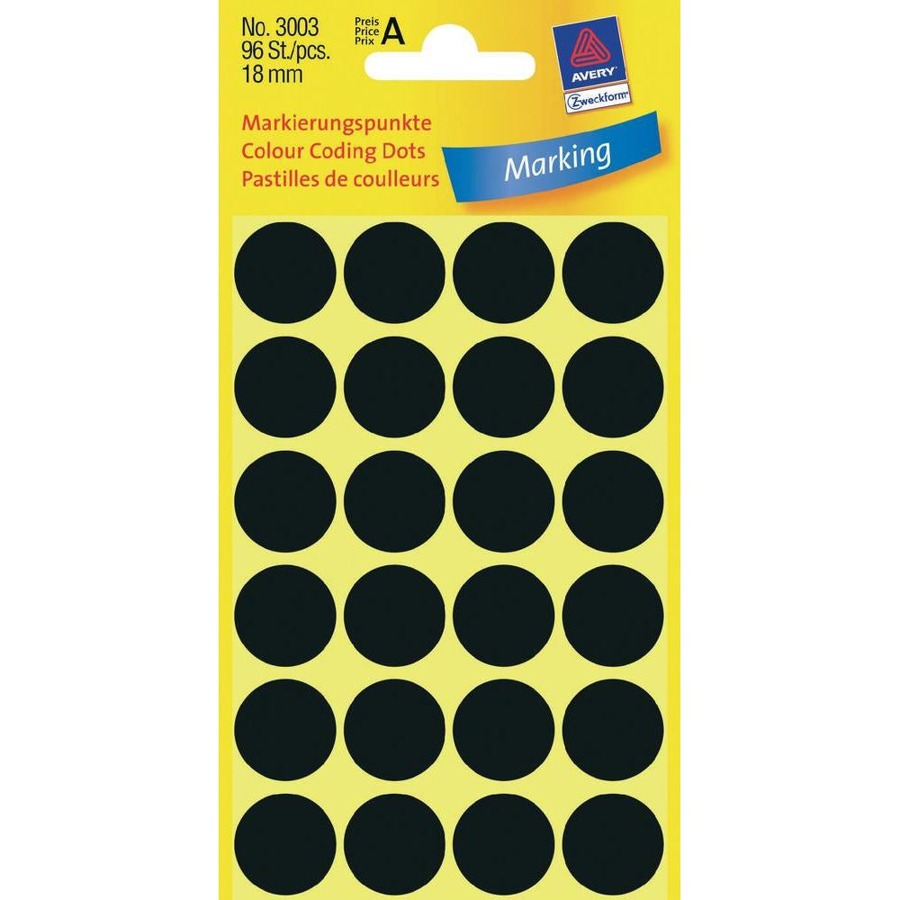 AVERY Zweckform Haftetiketten – rund Ø 18 mm, permanent, schwarz, 4 Blatt (96 Stk.)