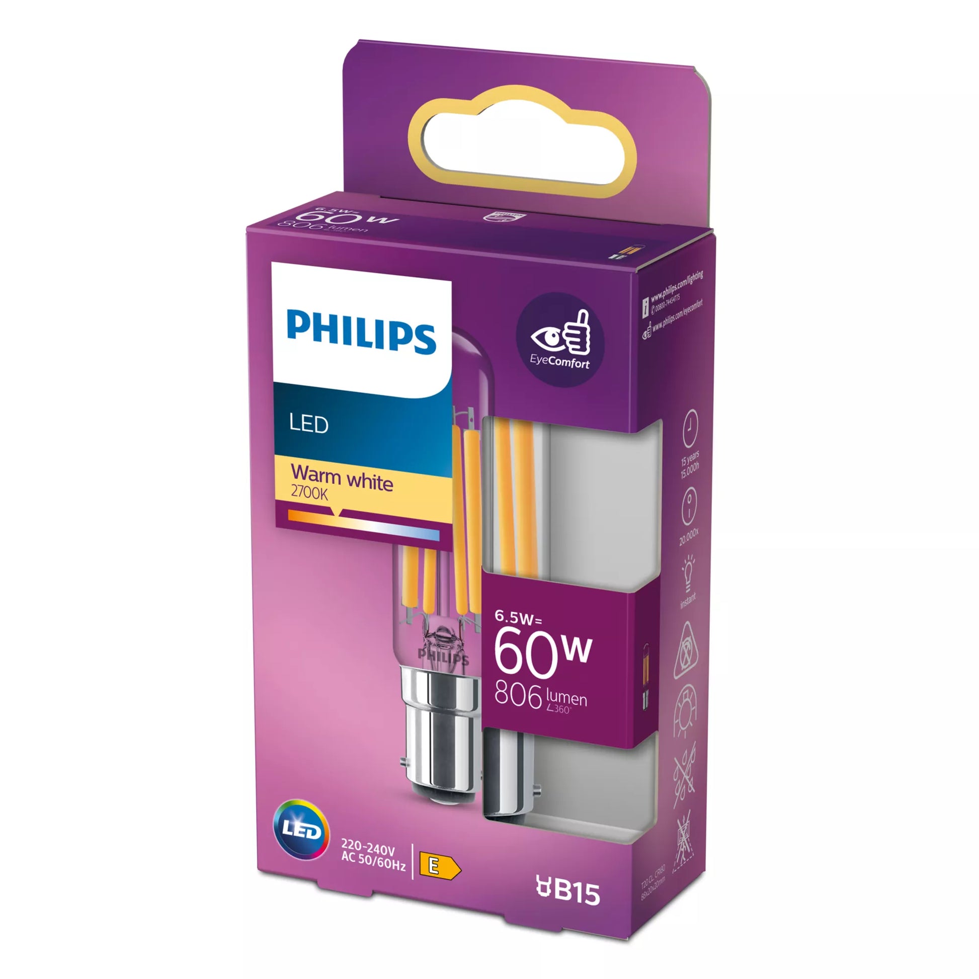 Philips by Signify Philips LED-Leuchtmittel B15 T20L – 806 lm, 6,5 W, Warmweiss 2700 K – Transparent, Glas – 1 Stk.