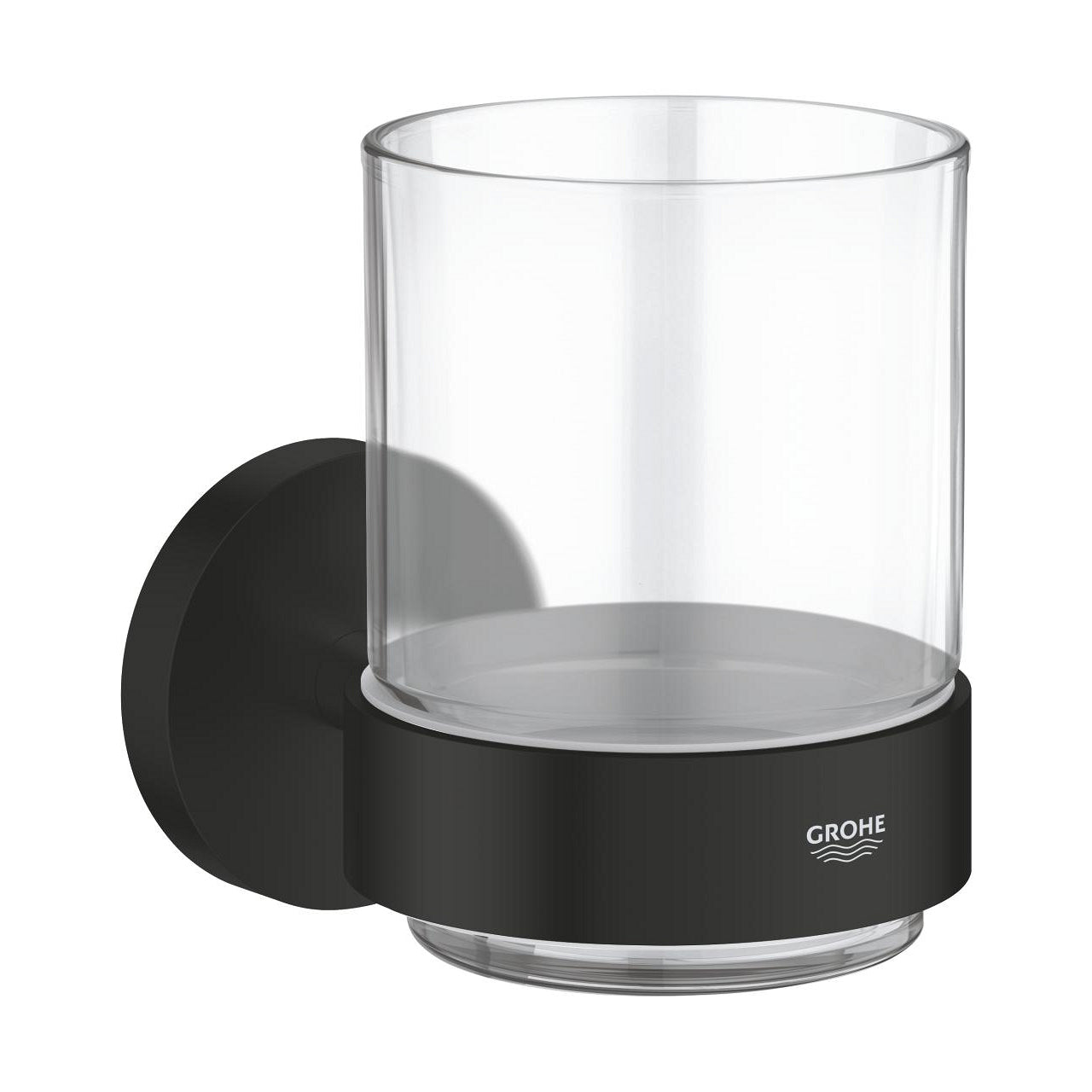 GROHE Start Zahnputzbecher – 10,6×9,9×10,6 cm, Metall/Glas/Kunststoff, Wandmontiert, Transparent/Schwarz