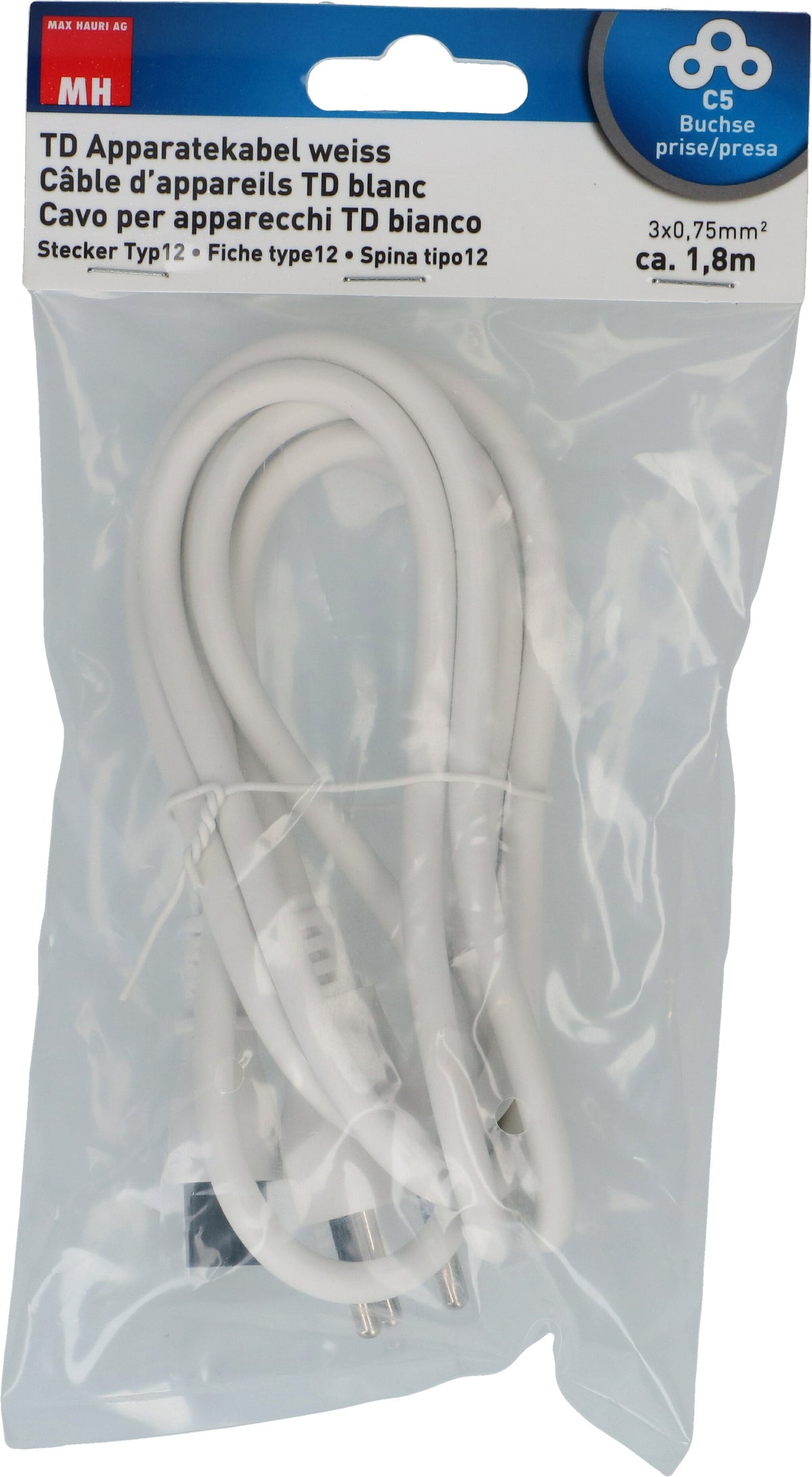 Max hauri wire Max Hauri Netzkabel – T12–IEC C5, 1,8 m, 230 V/2,5 A, weiss