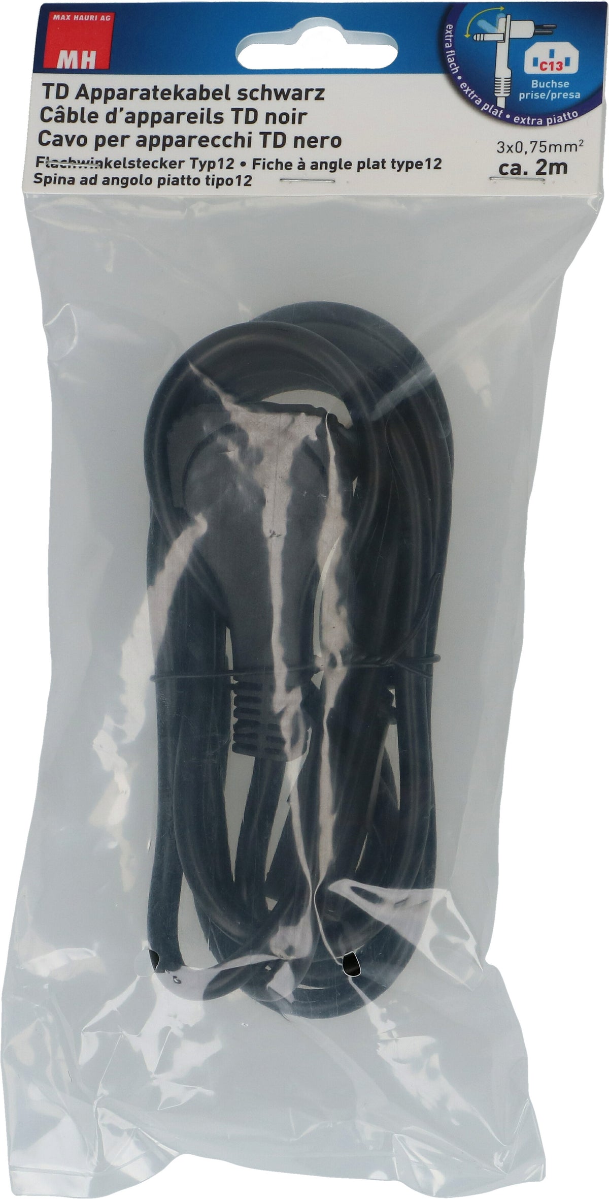 Max Hauri AG Max Hauri Netzkabel – T12–IEC C13, 2 m, 230 V/10 A, schwarz