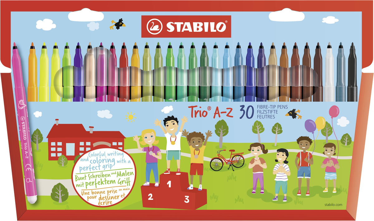 STABILO Trio A-Z Filzstifte Neon – Rundspitze, 0,7 mm, auswaschbar, 30 Farben