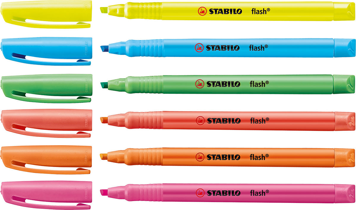 STABILO Flash Textmarker – 6er Set, Farben: Blau/Grün/Orange …, Keilspitze 1–3,5 mm