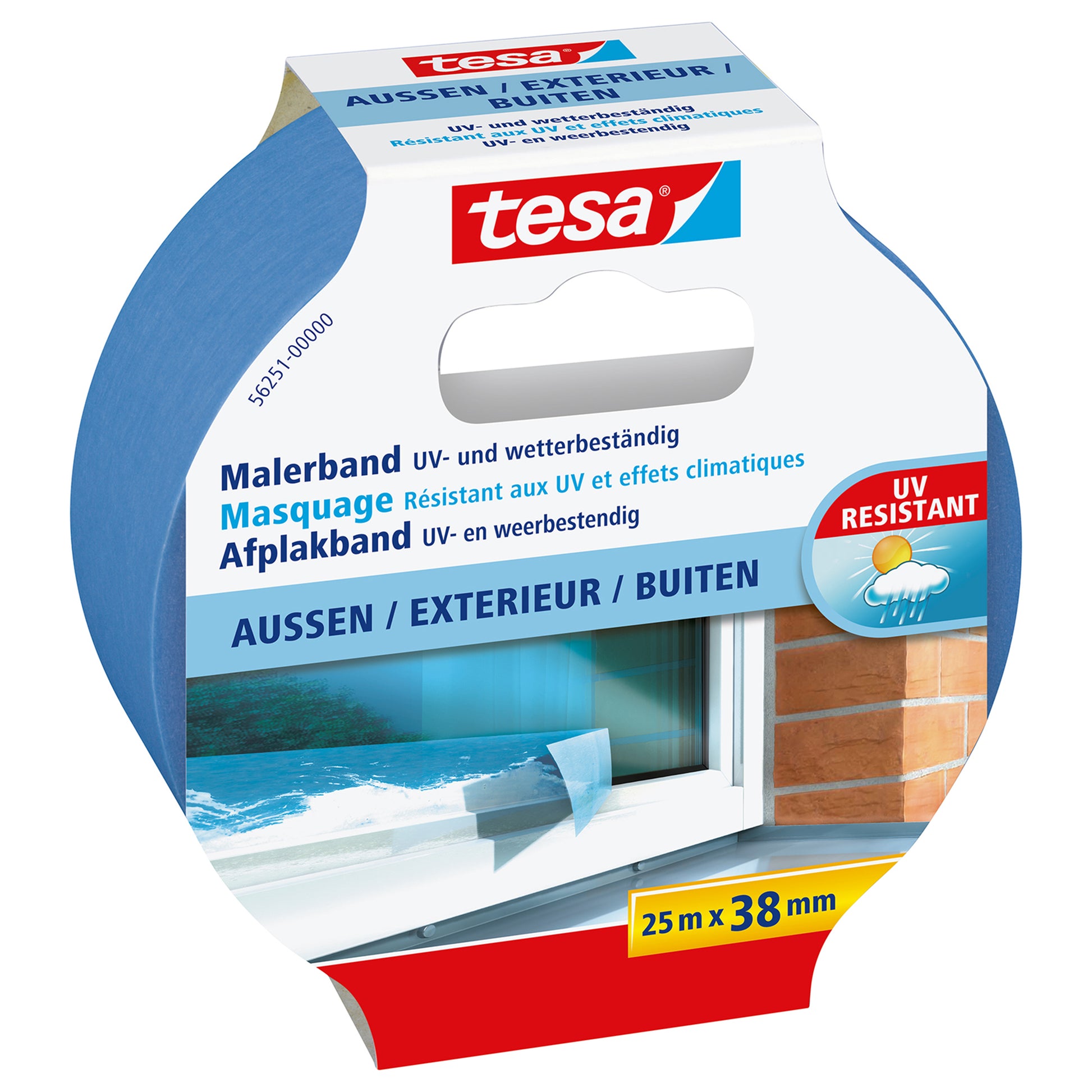 tesa Abdeckband Precision Outdoor – 38 mm × 25 m, hellblau, für Aussenbereich, glatt