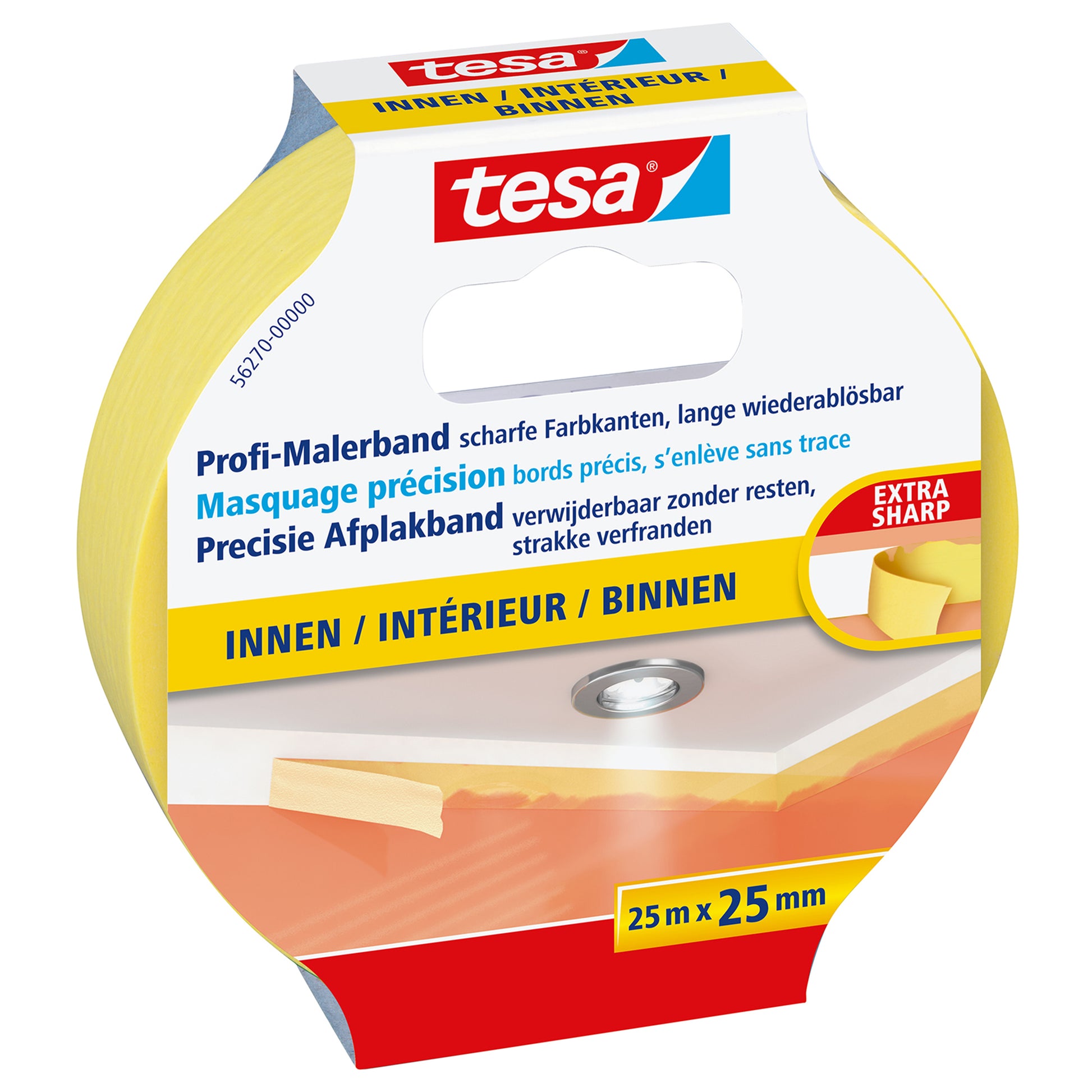 TESA Malerband Precision Indoor, gelb – 25 mm × 25 m, innen, rückstandsfrei bis 150 Tage