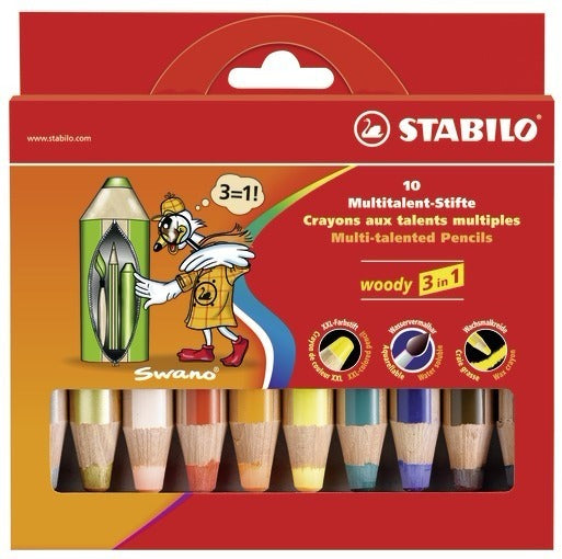 STABILO 3-in-1 Farbstifte woody – 10 Farben, im Kartonetui, mit Spitzer, Ø 4,2 mm, PEFC