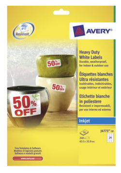 Avery Drucketiketten, 64 mm × 34 mm, weiss, Folie, extra stark, 240 Etiketten (10 Blatt)