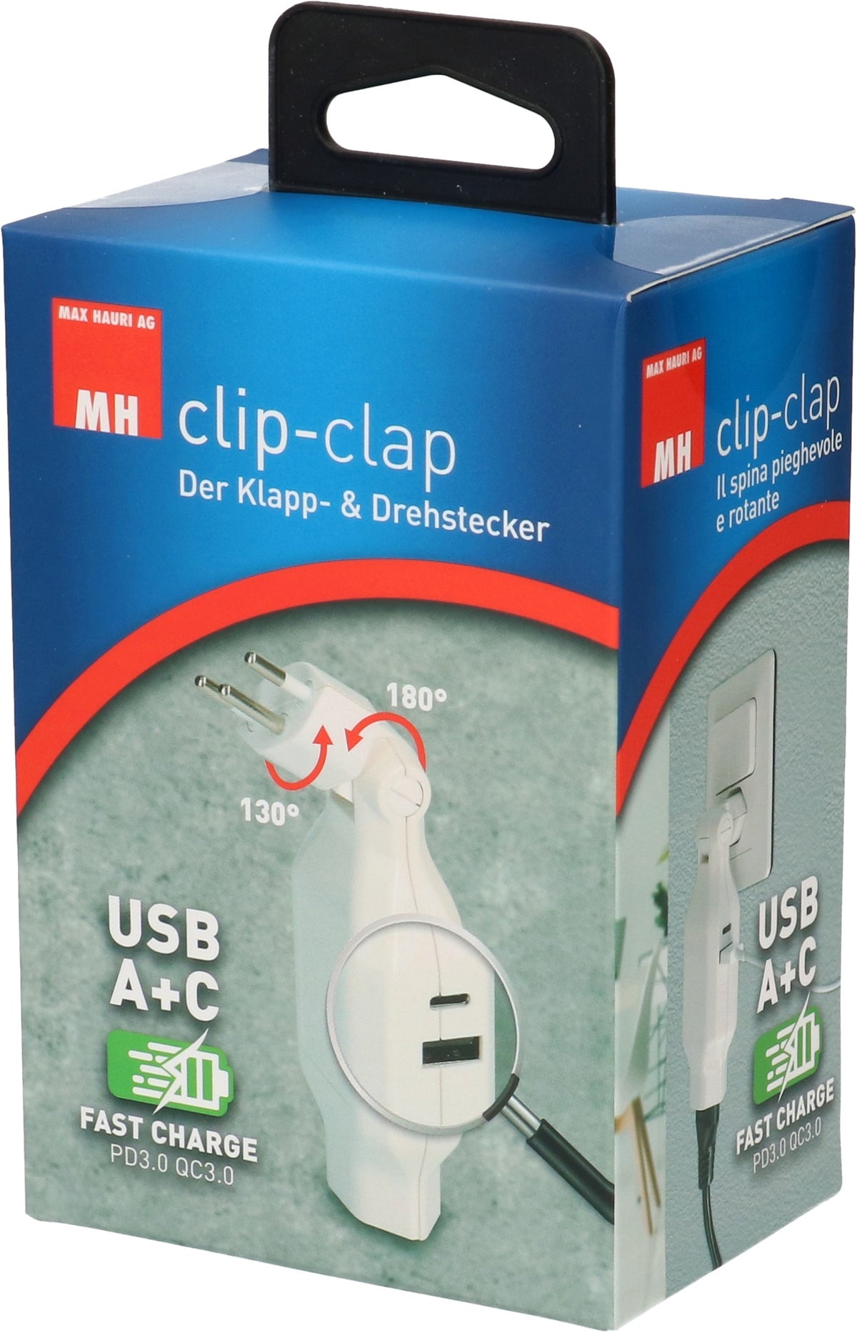 Max Hauri AG Max Hauri clip-clap USB-Ladegerät 18 W – USB-C×1, USB-A×1 – PD 3.0, QC 3.0 – T12 Stecker, T13 Kupplung