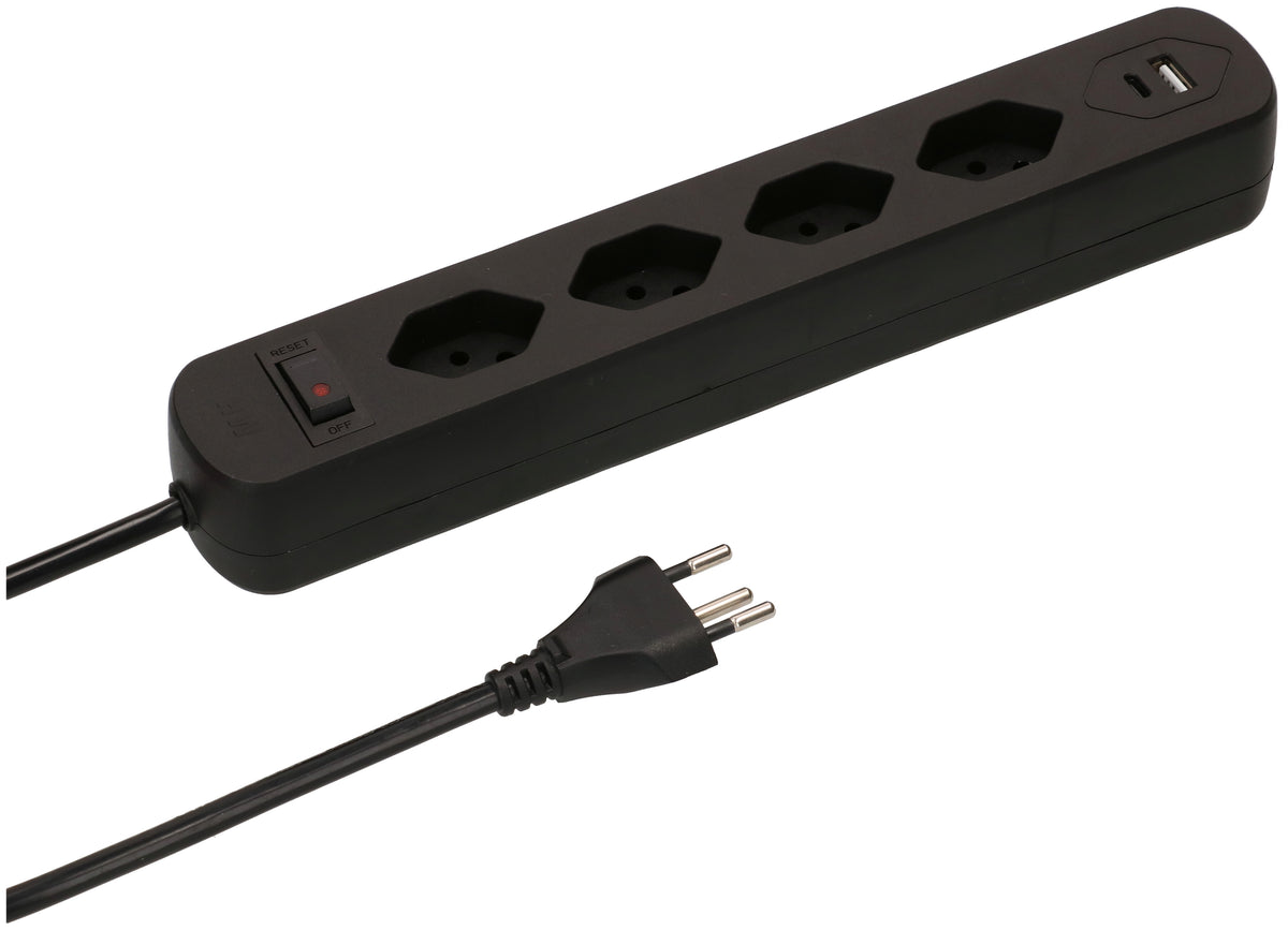Max Hauri AG Basic Line Steckdosenleiste – 4× T13, USB‑A/C 17 W, 1,5 m, mit Schalter, Schwarz