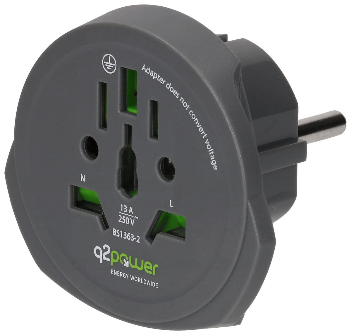 Q2power Q2 Power Reiseadapter Schuko zu Typ A/B/G – 16 A, 3-polig, 3680 W – für Australien/China/Grossbritannien