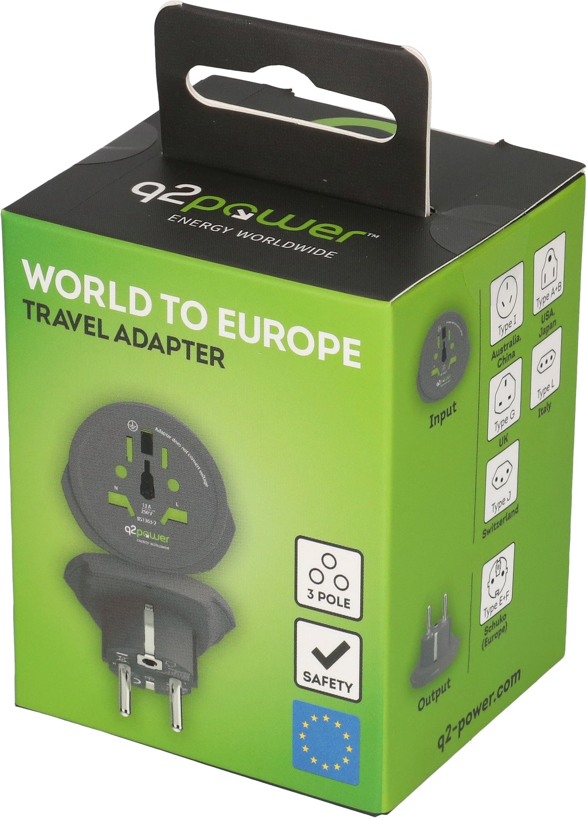 Q2power Q2 Power Reiseadapter Schuko zu Typ A/B/G – 16 A, 3-polig, 3680 W – für Australien/China/Grossbritannien