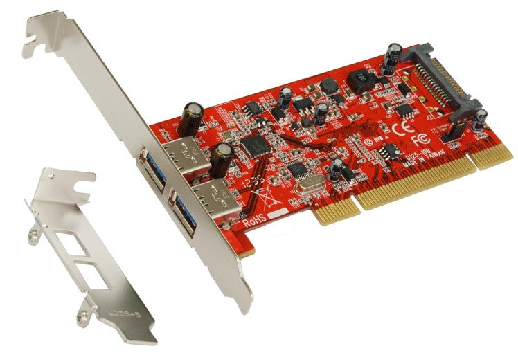 EXSYS EX-1092 PCI Adapterkarte – 2× USB-A (USB 3.2 Gen 1, 5 Gbit/s), Low-Profile, SATA-Strom – für PC – Silber
