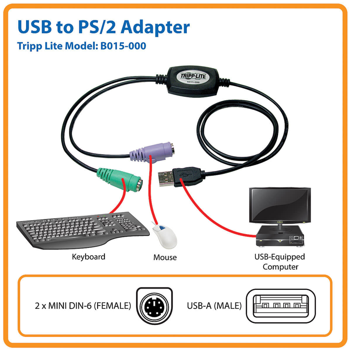 Tripp Lite B015-000 Adapter PS/2 zu USB – Plug & Play, für Tastatur/Maus, 0,889 m, Schwarz