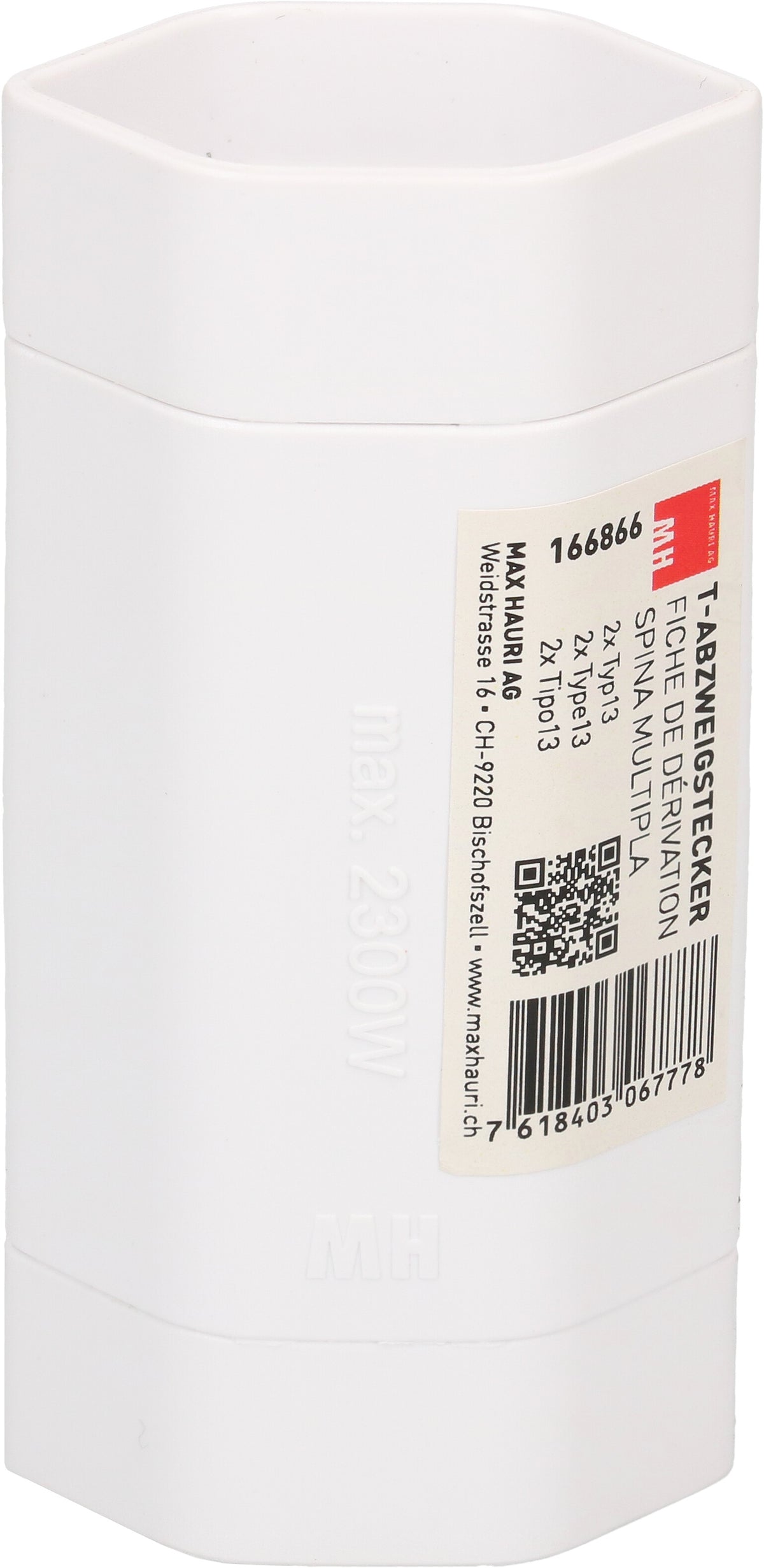 Max Hauri AG Steckdosenleiste, 2×T13, Eingang T12, 3-polig, 10 A 230 V, IP20 – weiss