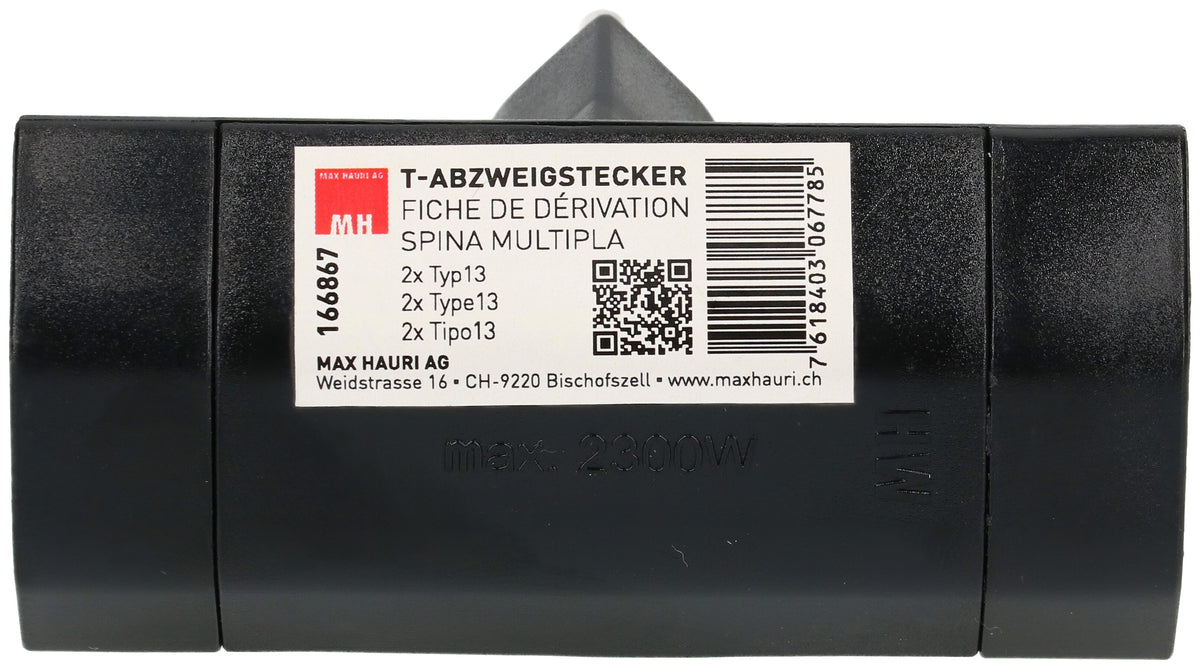 Max Hauri AG Abzweigstecker – 2× Typ 13 (T13), 3-polig, 230 V / 10 A – Schwarz