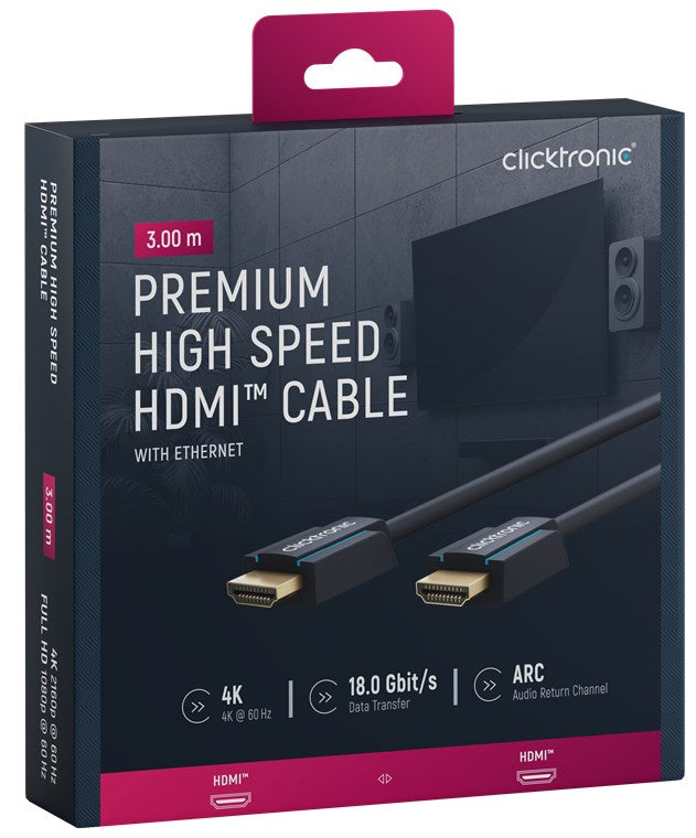 ClickTronic HDMI Kabel HDMI 2.0 4K 60 Hz – 3 m – Ethernet – Blau – für TV, Monitor, Spielekonsole