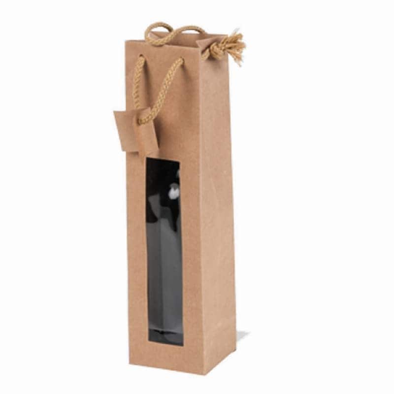 Brieger Flaschentüte braun mit Fenster – 88 × 380 × 98 mm – für 1 Flasche – 100 g/m²