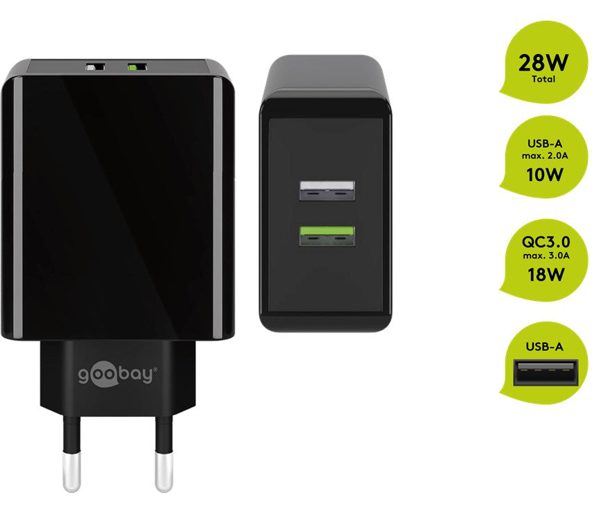 Goobay USB-Wandladegerät 18 W – USB-A×2, QC 3.0 – EU-Stecker (Typ C) – Schwarz