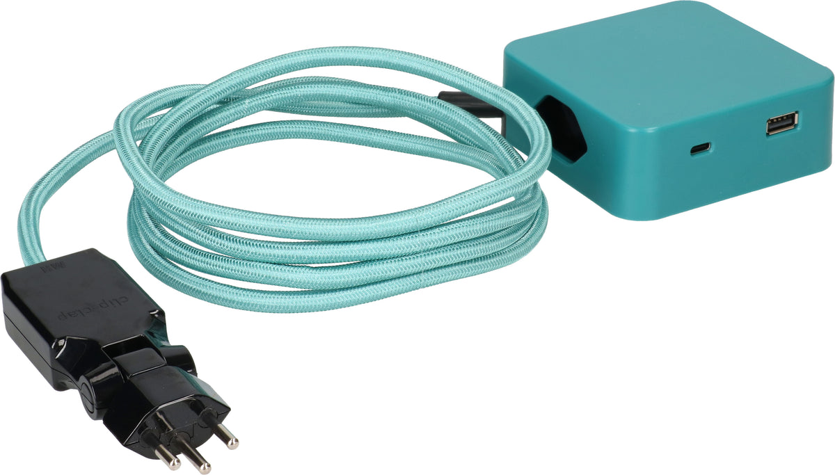 Max hauri split TEX Cube Steckdosenleiste, 3×T13, 1×USB‑A 18 W + 1×USB‑C PD 18 W, mit Schalter, 2 m – türkis/schwarz