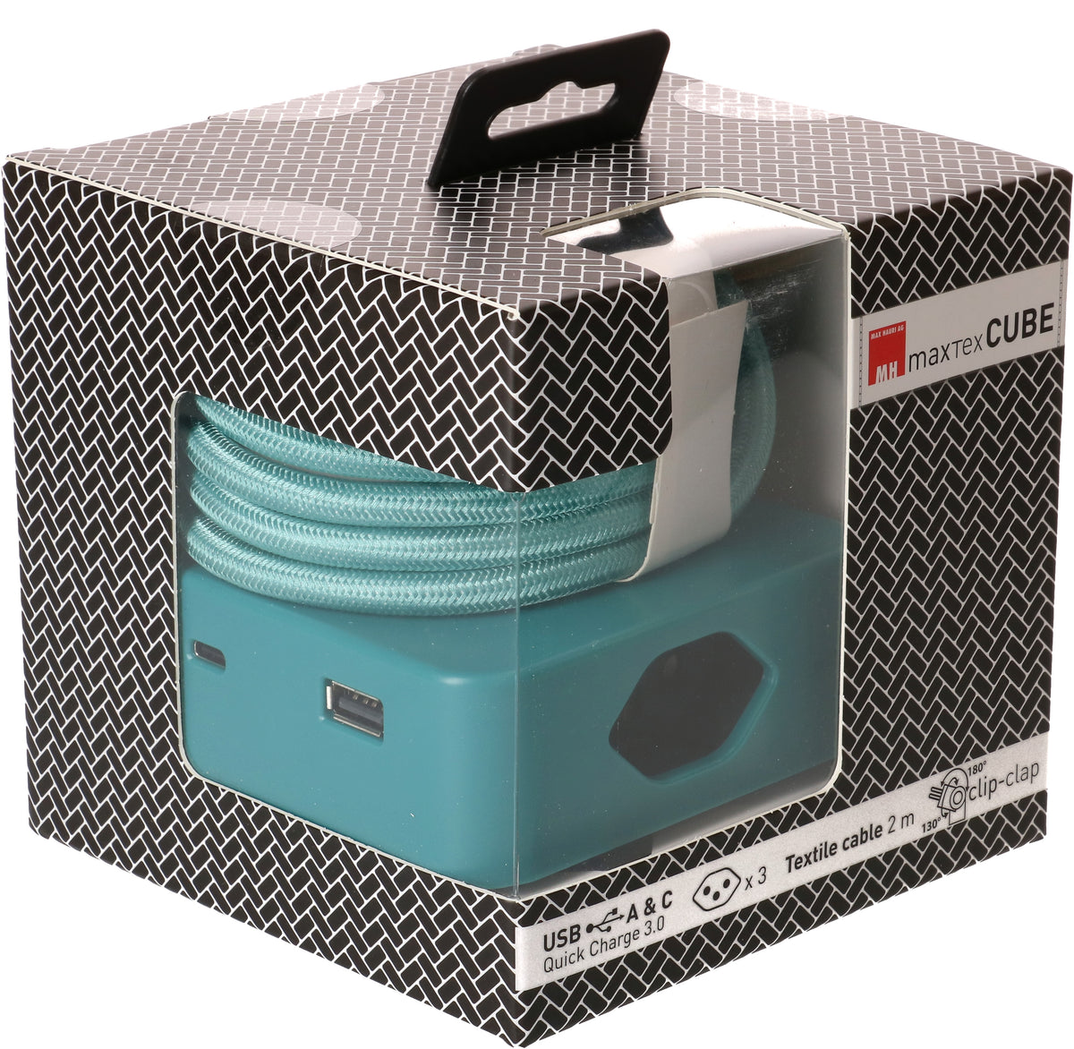 Max hauri split TEX Cube Steckdosenleiste, 3×T13, 1×USB‑A 18 W + 1×USB‑C PD 18 W, mit Schalter, 2 m – türkis/schwarz