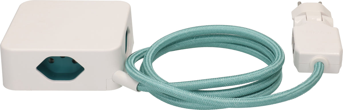 Max hauri split Max Hauri TEX CUBE Steckdosenleiste, 3×T13, 1×USB‑A 18 W + 1×USB‑C PD 18 W, mit Schalter, 2,0 m – weiss/türkis