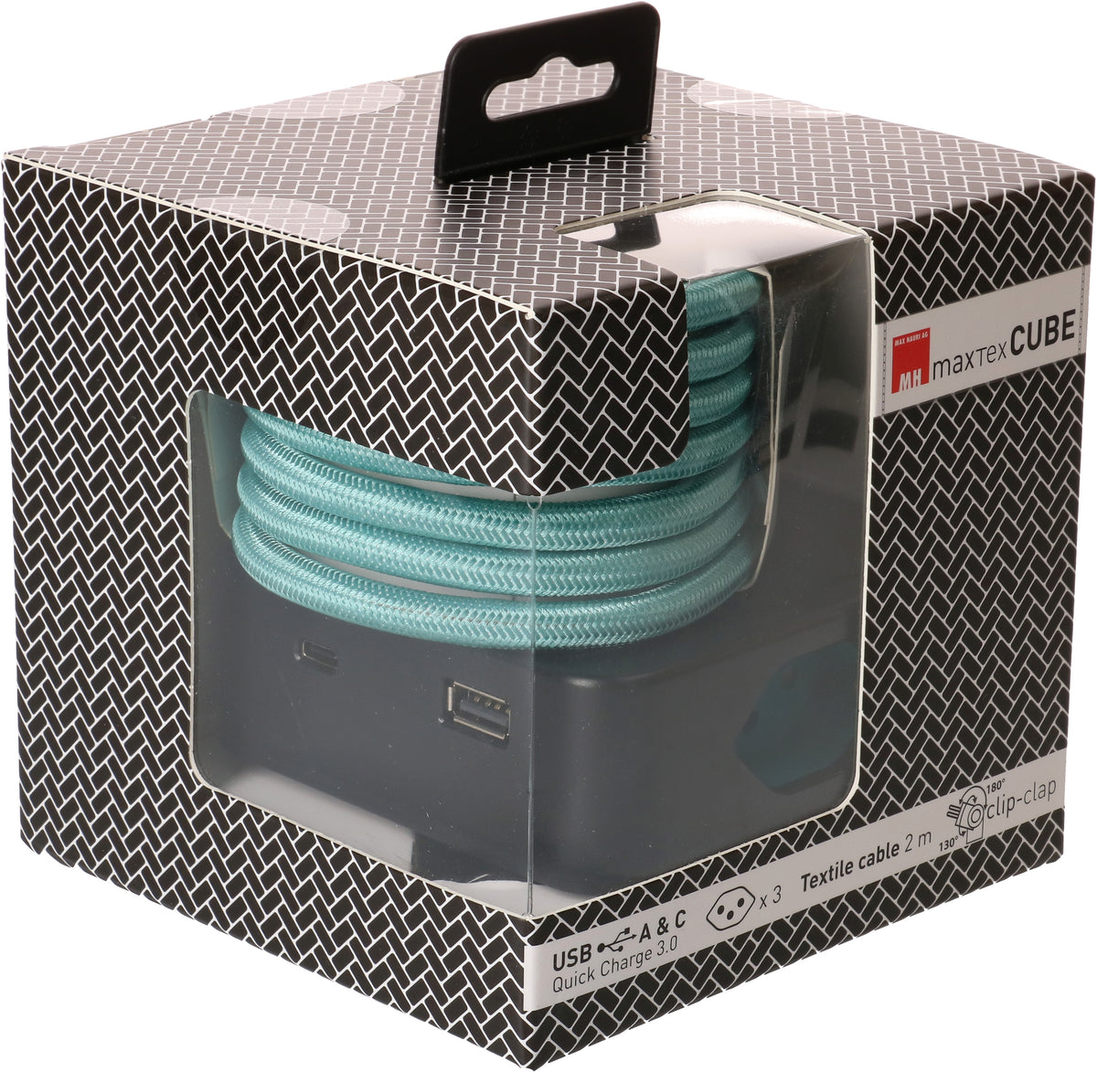 Max hauri split Max Hauri Steckdosenleiste Cube, 3×T13, 1×USB‑A 18 W + 1×USB‑C PD 18 W, mit Schalter, 2 m – Schwarz/Türkis