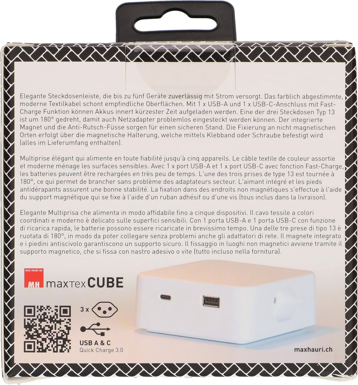 Max hauri split Max Hauri Cube Steckdosenleiste – 3× T13, USB‑A/C, 2 m, mit Schalter, Schwarz