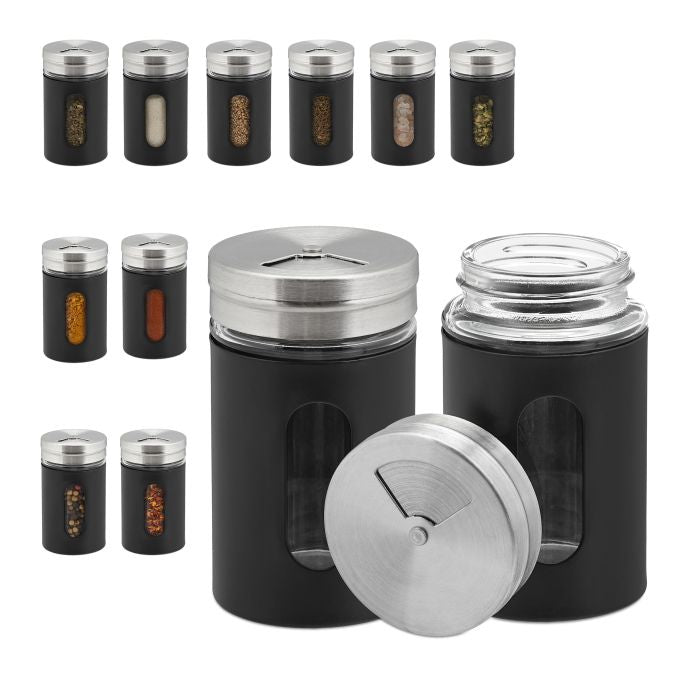 Relaxdays Streudose 900 ml, Ø 5 × 8,5 cm, Edelstahl/Glas, 12er-Set, Schwarz/Silber/Transparent