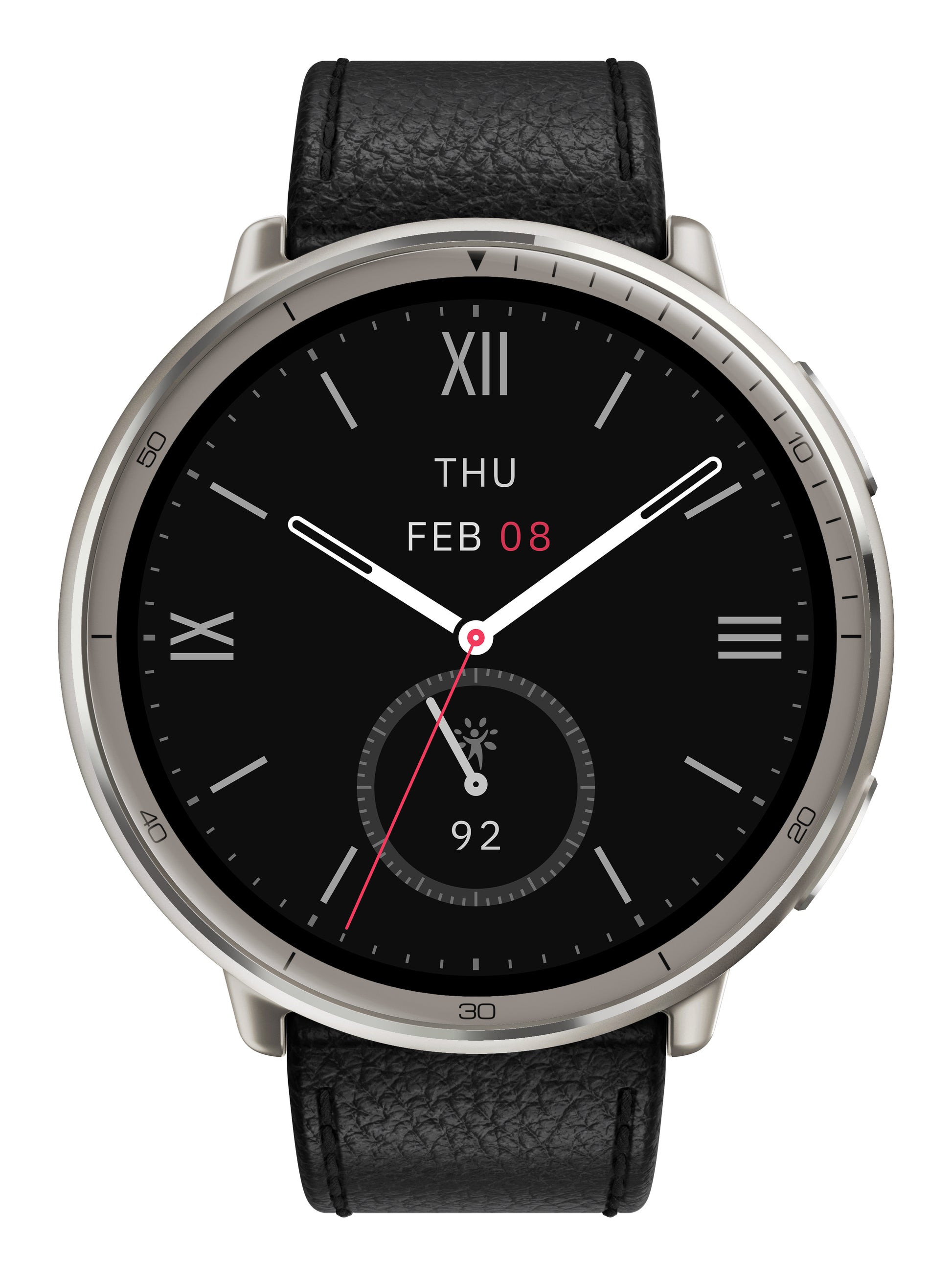 Amazfit Active 2 44 mm GPS – Edelstahl Silber, Lederband Schwarz, 50 m, für iPhone