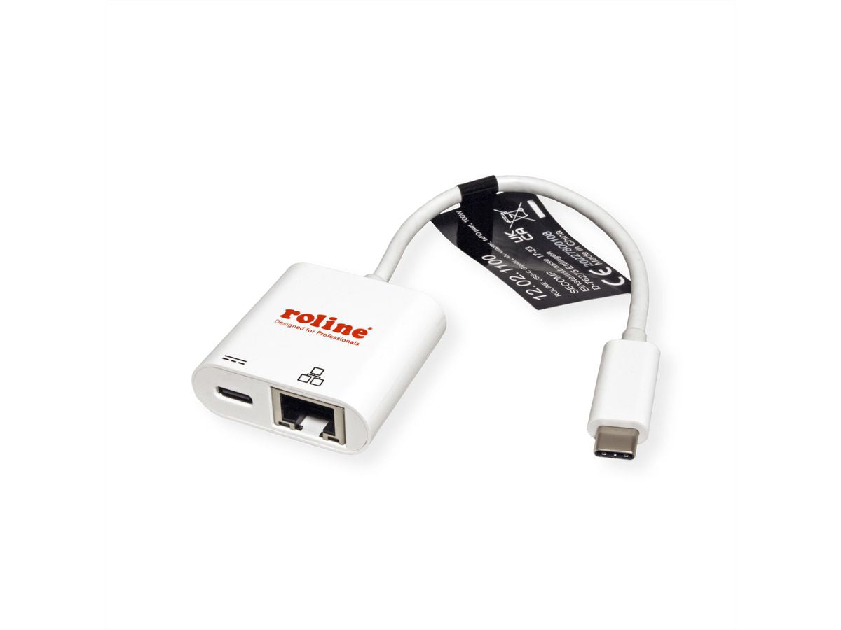 ROLINE Netzwerkadapter USB-C zu RJ-45 – Gigabit (1 Gbit/s), USB 3.2 Gen 2, 1× RJ-45, PD 100 W, Weiss
