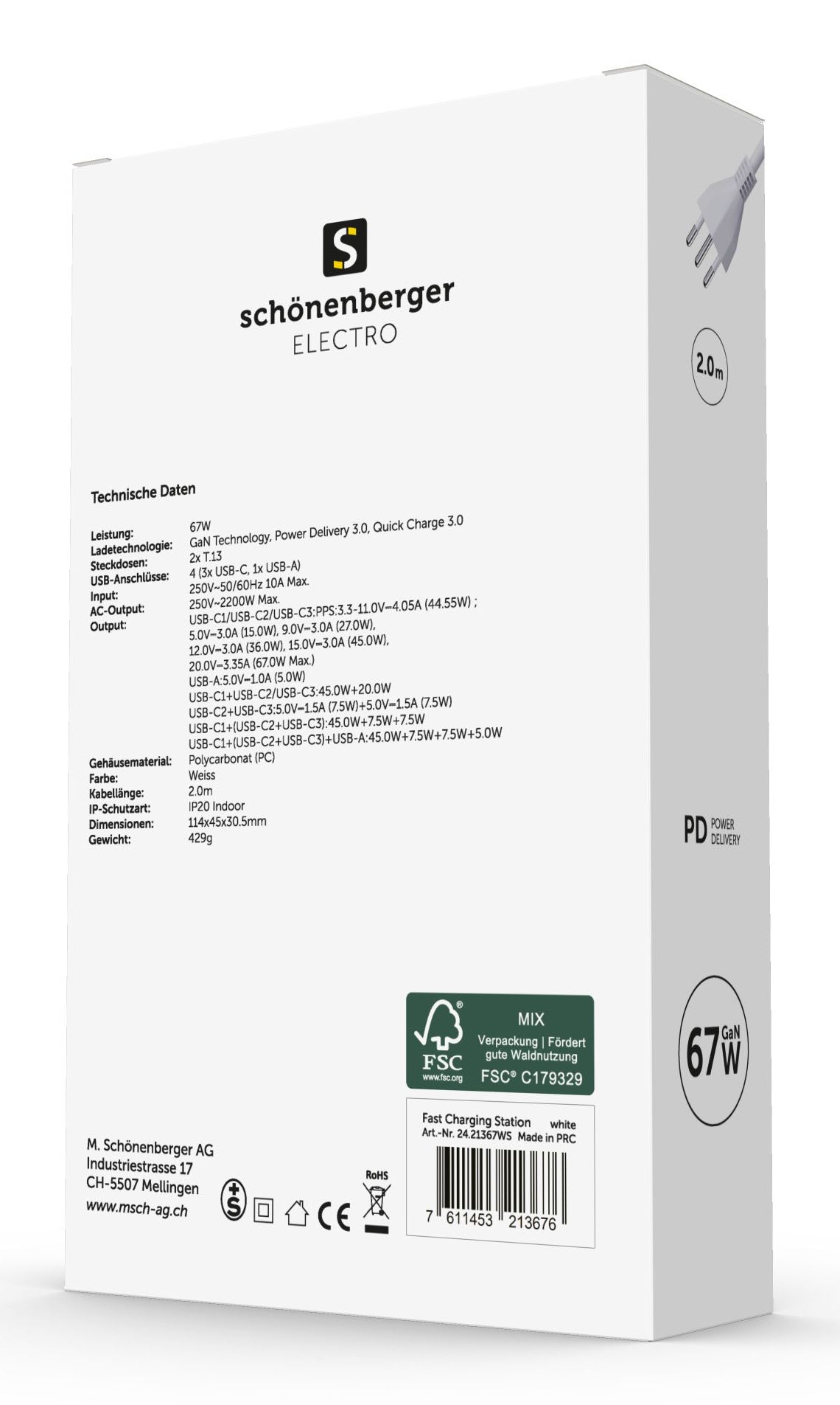 M. Schönenberger 24.21367WS Ladestation – 2300 W, 3× USB-C + 1× Micro-USB, PD, QC – für USB-Geräte
