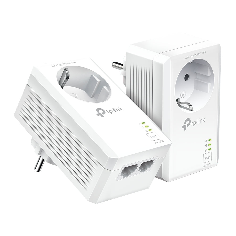 TP-Link AV1000 Powerline Starter Kit (2er) – 2× Gigabit Ethernet, HomePlug AV2, mit integrierter Steckdose