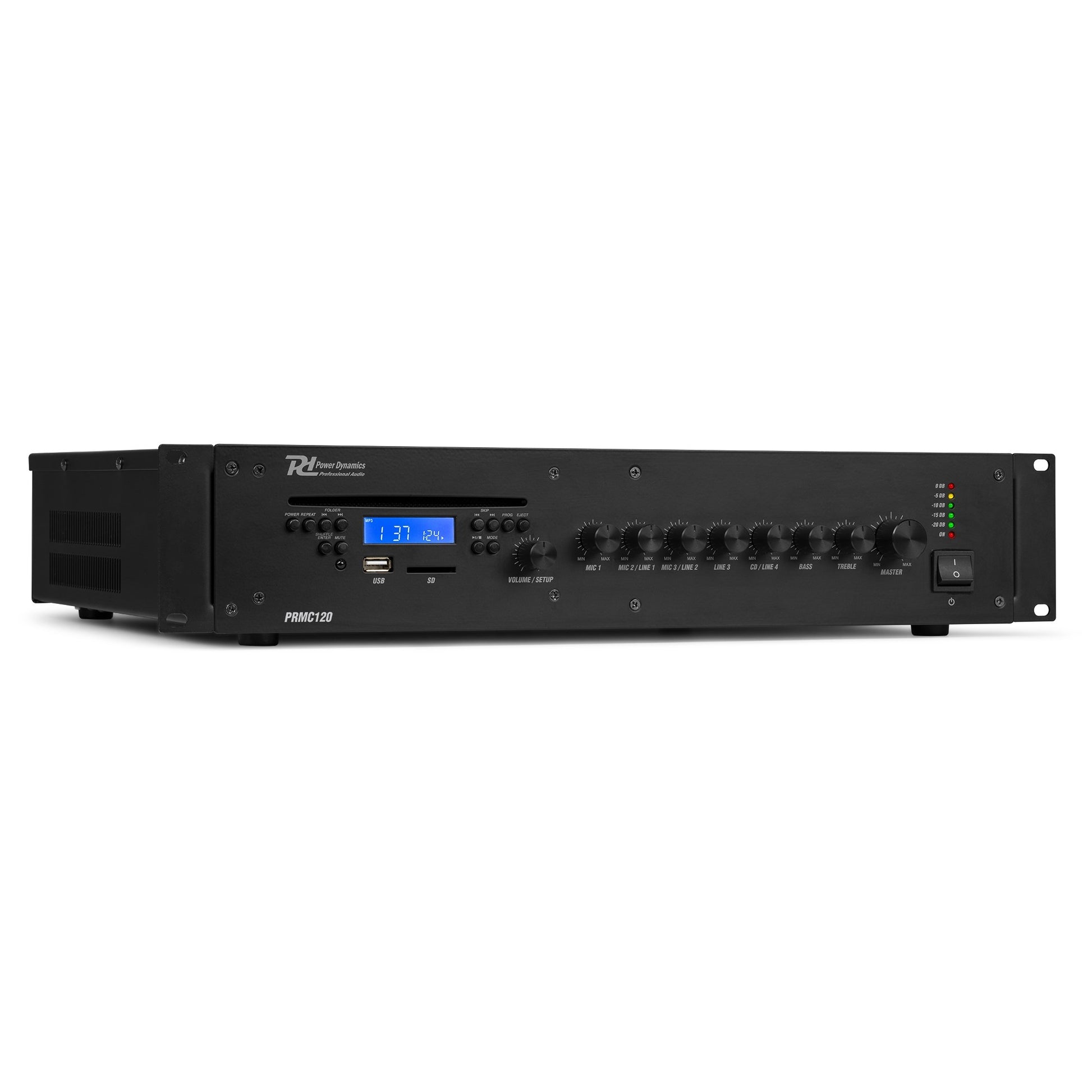 Power Dynamics PRC120 – Stereo-Vollverstärker, 120 W (8 Ω), RCA- & Mikrofoneingang, Schwarz