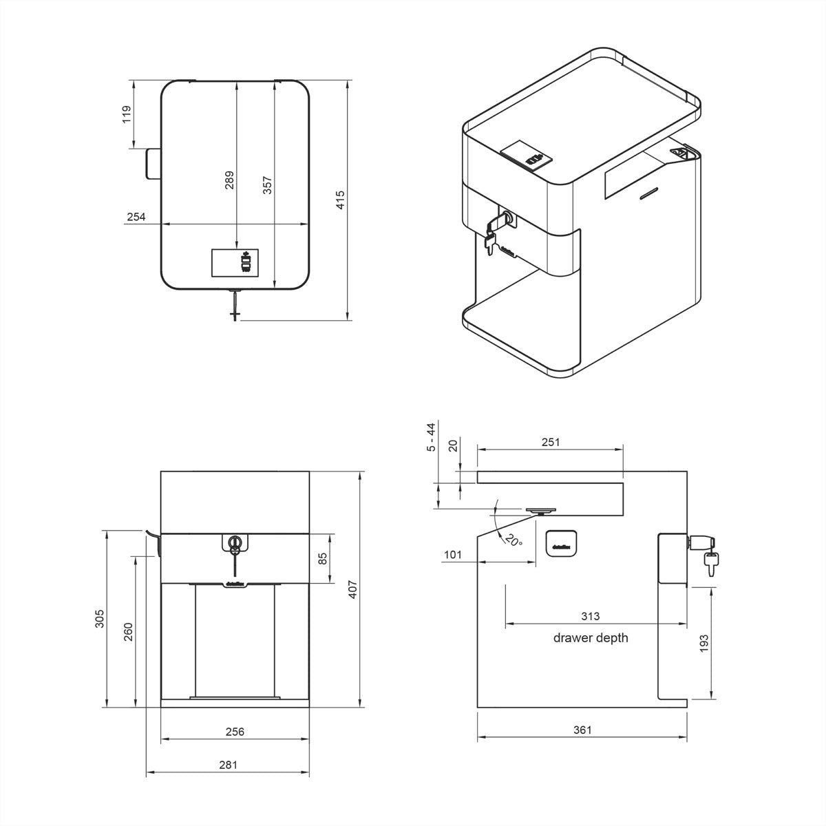 Dataflex Bento 503 – Untertisch-Schrank, 1 Schublade, abschliessbar, Stahl, 361 × 254 × 407 mm, Schwarz