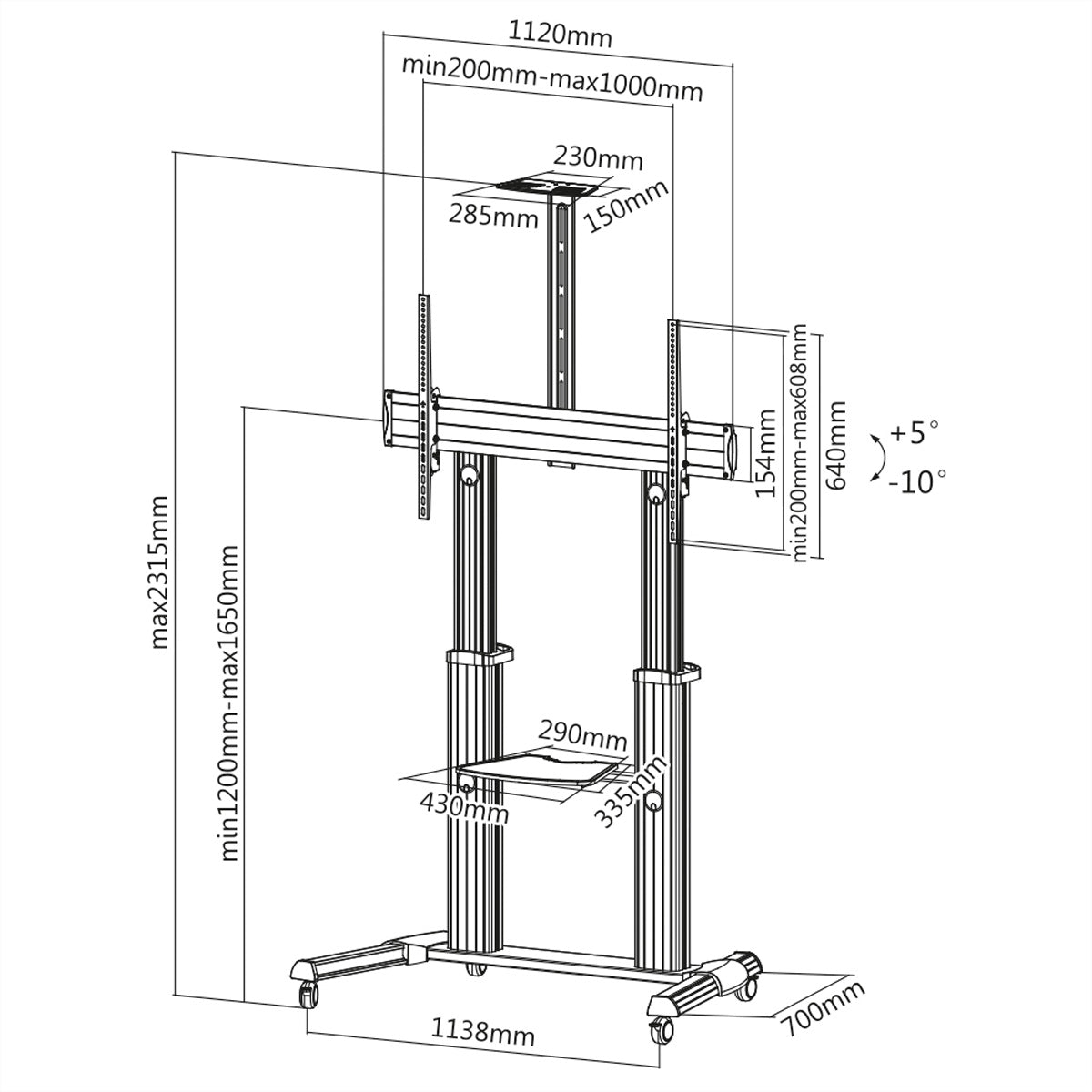 ROLINE TV-Wagen – 60–100" – VESA 200×200–1000×600 – bis 100 kg, Höhenverstellbar, mit Rollen – Silber