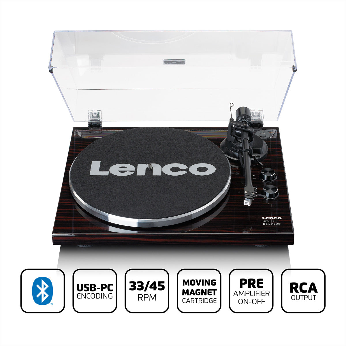 Lenco LBT-189WA – Plattenspieler (Riemenantrieb), Bluetooth, Phono-Vorverstärker, 33⅓/45 U/min – Schwarz/Braun