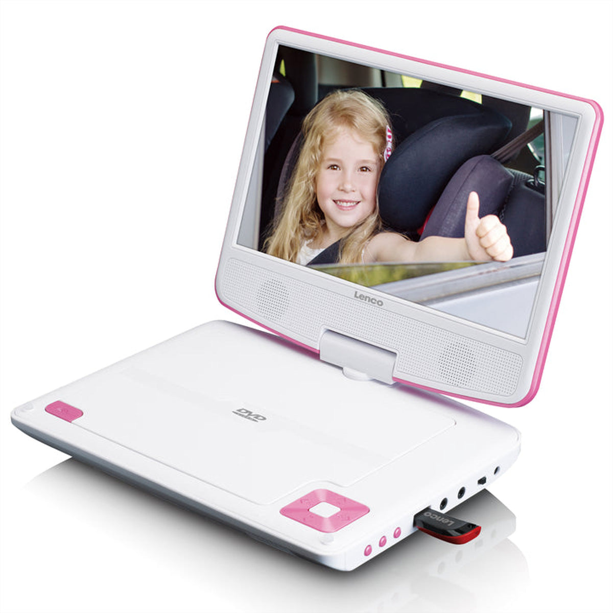Lenco DVP-910PK – 8,9" Tragbarer DVD-Player, TFT 16:9, 90 min Akku, USB – Pink