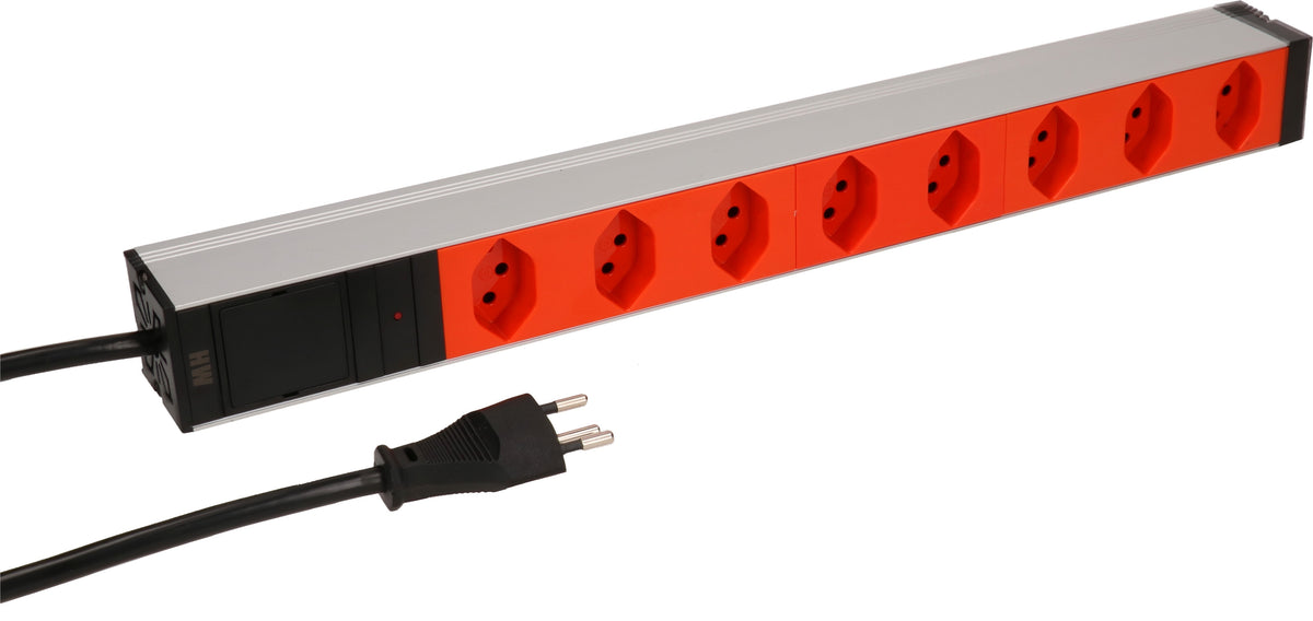 Max Hauri AG Max Hauri Rack-PDU – 1U, mit Montagewinkeln, 8× T13, T12, 230 V/10 A, 3 m, mit Überstromschutz, orange