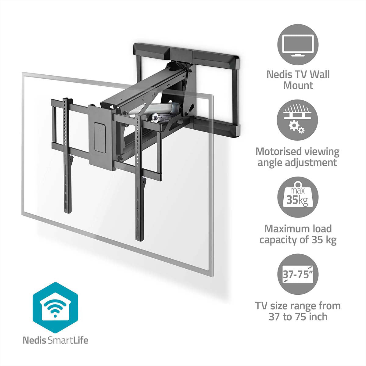 Nedis Wandhalterung – Vollbeweglich – 37–75" – VESA 200×100–600×400 – bis 35 kg, Motorisiert – TVWM5880BK